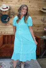 Load image into Gallery viewer, Retro Pearl Snap Turquoise Dress