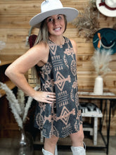 Load image into Gallery viewer, Brown and black aztec western dress paired with tall boots