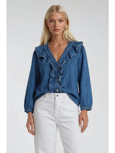 Load image into Gallery viewer, Ruffle Front Denim Blouse