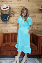 Load image into Gallery viewer, Retro Pearl Snap Turquoise Dress