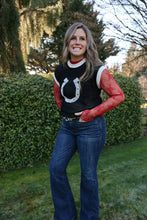 Load image into Gallery viewer, black horseshoe sweater that pairs perfectly with mesh tops