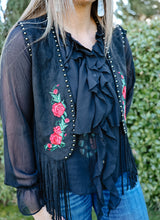Load image into Gallery viewer, Black Suede Rose Fringe Vest