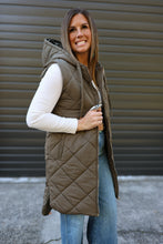 Load image into Gallery viewer, Olive Quilted Long Hooded Puffer Vest