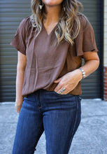 Load image into Gallery viewer, Mocha V-Neck Flutter Sleeve Top