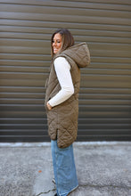 Load image into Gallery viewer, Olive Quilted Long Hooded Puffer Vest