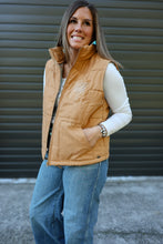 Load image into Gallery viewer, women's zip up came vest with boot stitch detail on front pocket