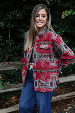 Load image into Gallery viewer, Red aztec oversized shacket. fit is oversized. button front