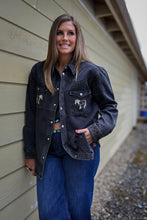 Load image into Gallery viewer, black wash denim jacket with horses on the front chest pockets