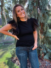 Load image into Gallery viewer, Black Dotty Ruffle Top
