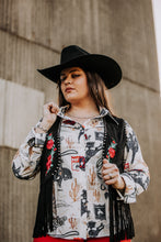 Load image into Gallery viewer, Women's western rodeo button front shirt. Super fun rodeo print detail