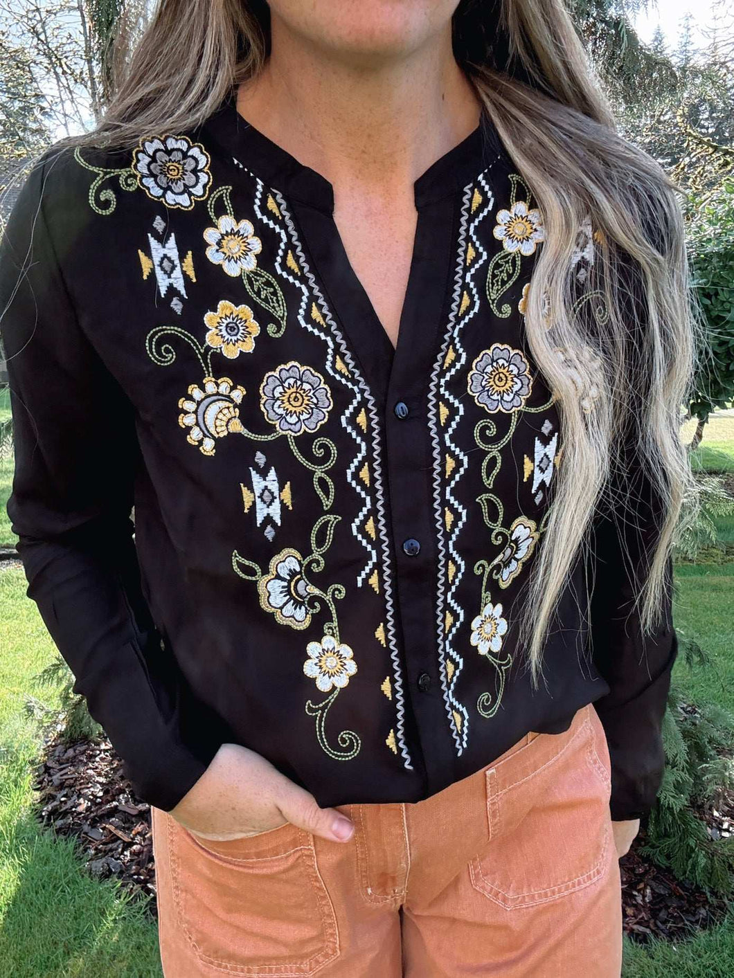 Embroidered Floral Black Long Sleeve
