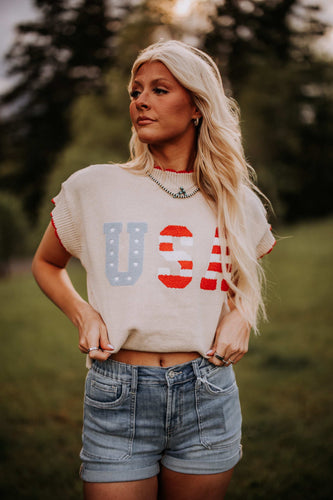 USA Patchwork Short Sleeve Sweater