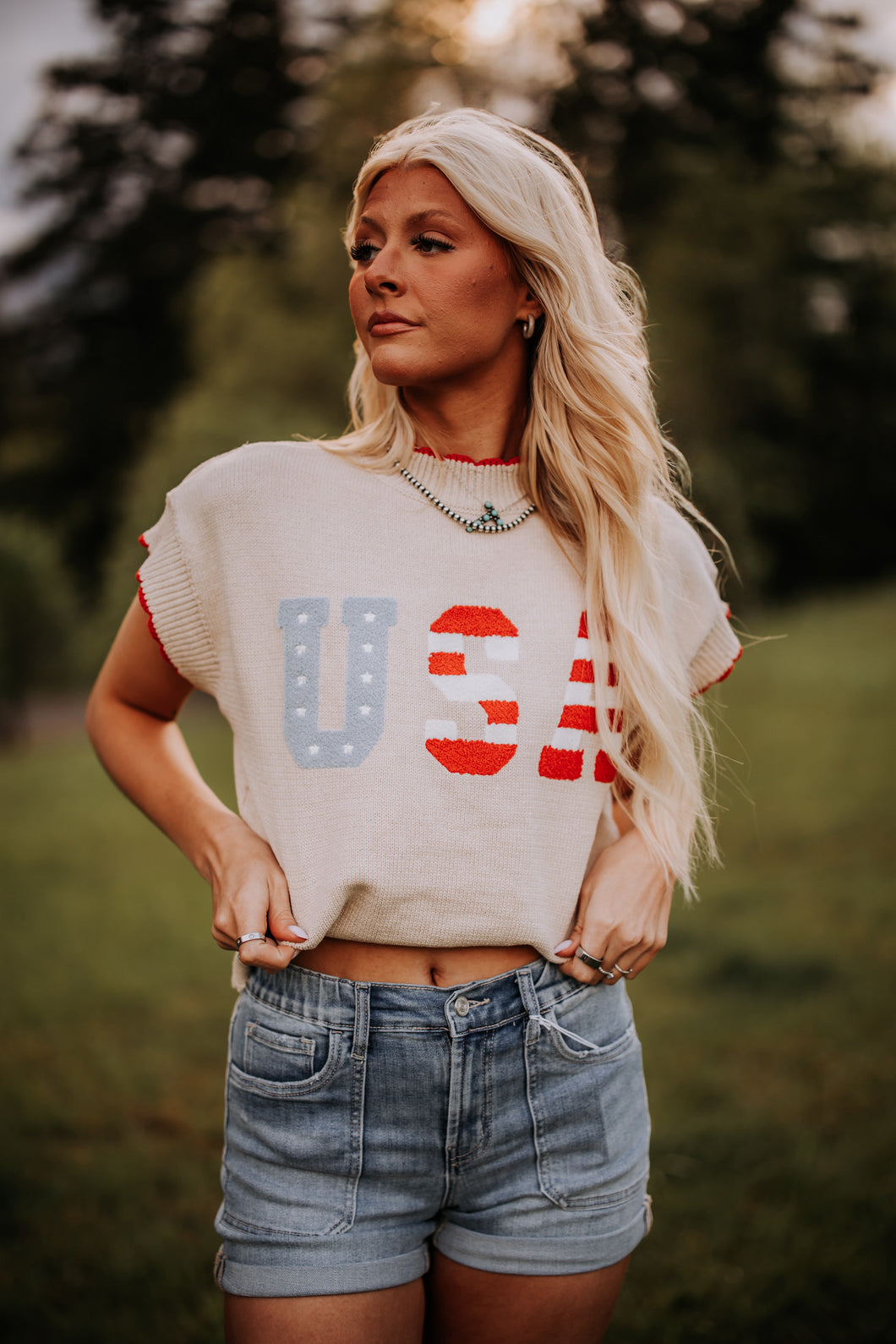 USA Patchwork Short Sleeve Sweater