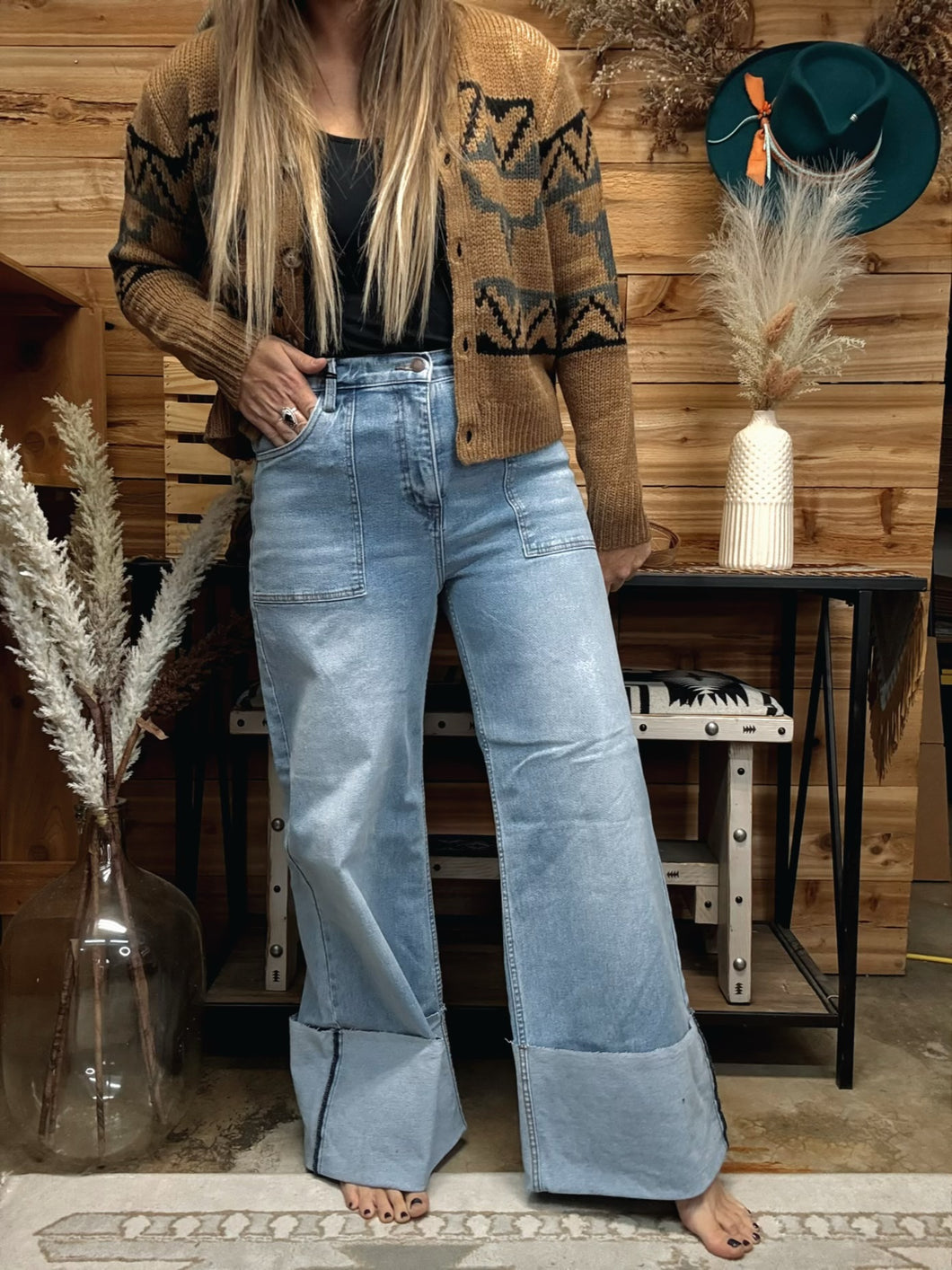 Wide Leg Cuff Denim Pant