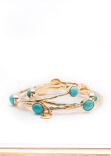 Load image into Gallery viewer, Set/3 Burnished Gold Bangles with TQ Ovals
