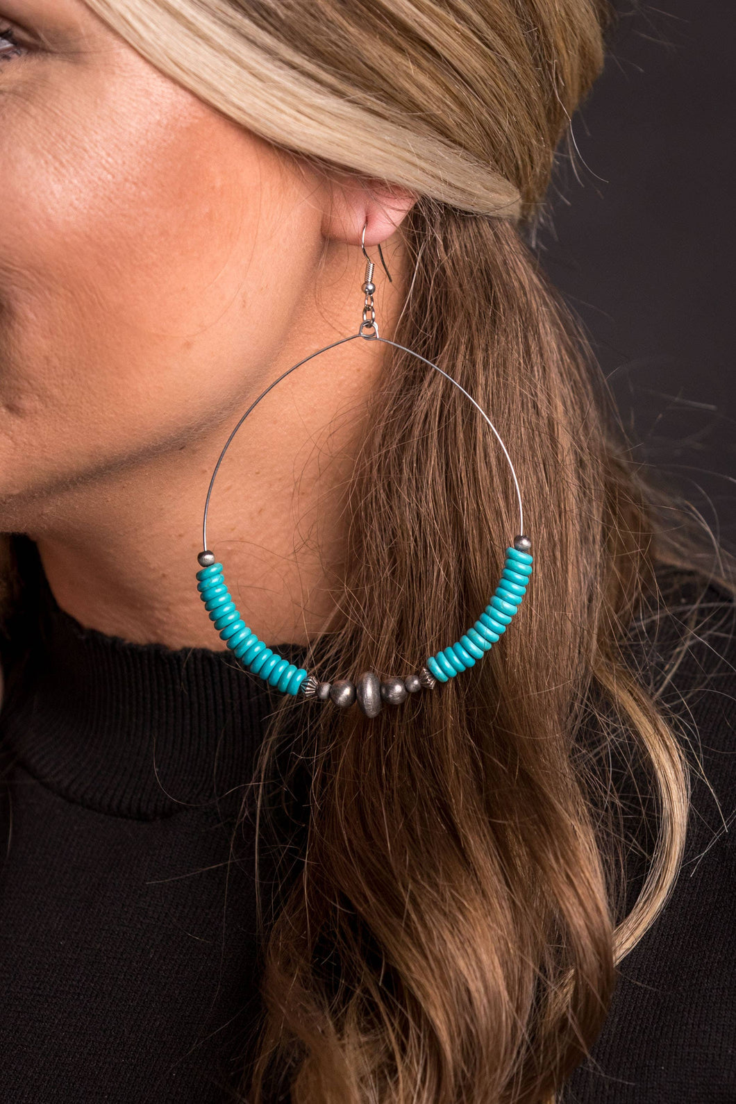 Large Turquoise & Faux Navajo Pearl Dangle Hoops