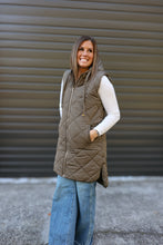 Load image into Gallery viewer, Olive Quilted Long Hooded Puffer Vest
