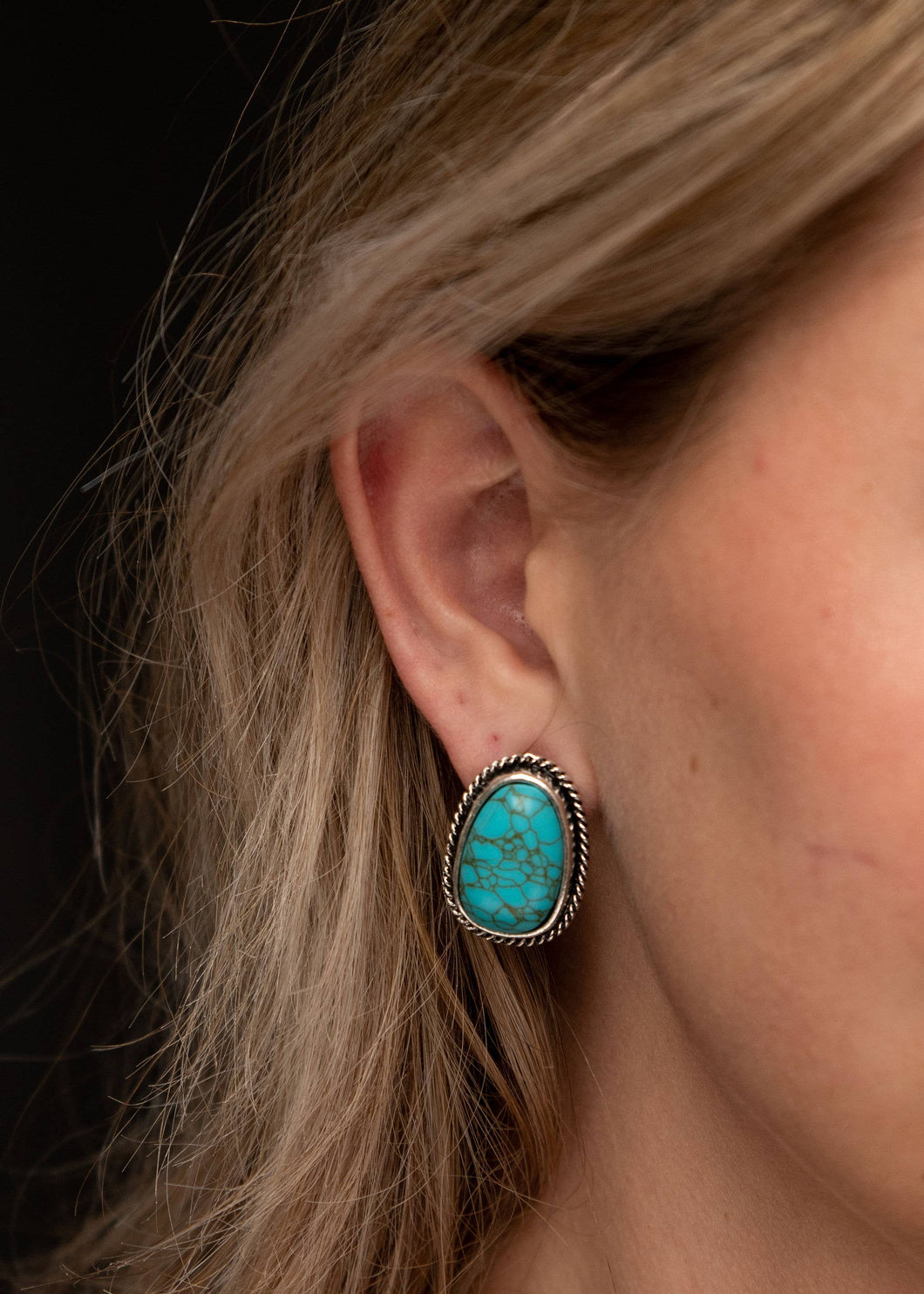 Turquoise Post Earring with Burnished Silver Rope Border