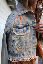 Load image into Gallery viewer, Floral Embroidered Lace Crop Denim Jacket
