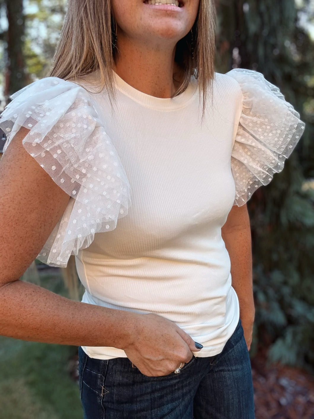 White Dotty Ruffle Top
