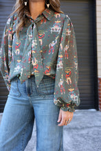 Load image into Gallery viewer, Cowboy Olive Western Print Tie-Neck Blouse
