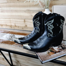 Load image into Gallery viewer, Black Metal Snip Toe Bootie
