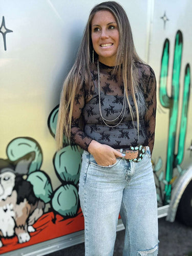 Black Mesh Floral Top
