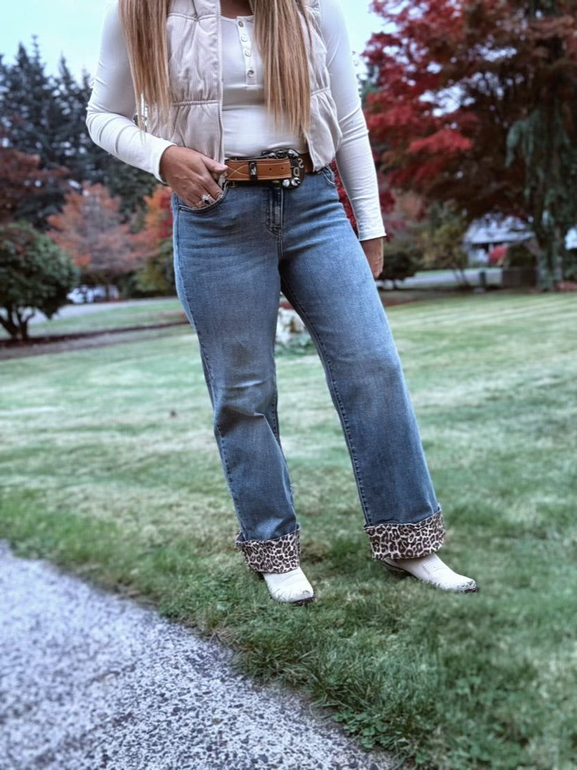 wide leg leopard cuff pants with stretch