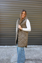 Load image into Gallery viewer, Olive Quilted Long Hooded Puffer Vest

