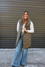 Load image into Gallery viewer, Olive Quilted Long Hooded Puffer Vest
