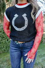 Load image into Gallery viewer, Black Contrast Short Sleeve Horseshoe Sweater
