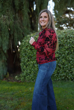 Load image into Gallery viewer, Burgundy Sheer Mesh Floral Top
