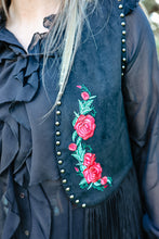 Load image into Gallery viewer, Black Suede Rose Fringe Vest
