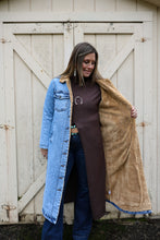 Load image into Gallery viewer, long denim fur lined coat with buttons 
