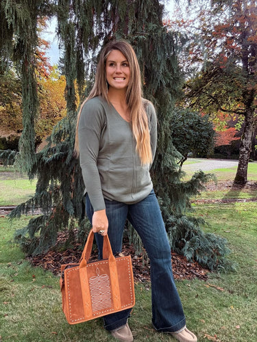 v neck long sleeve sweater paired with dark denim jeans 