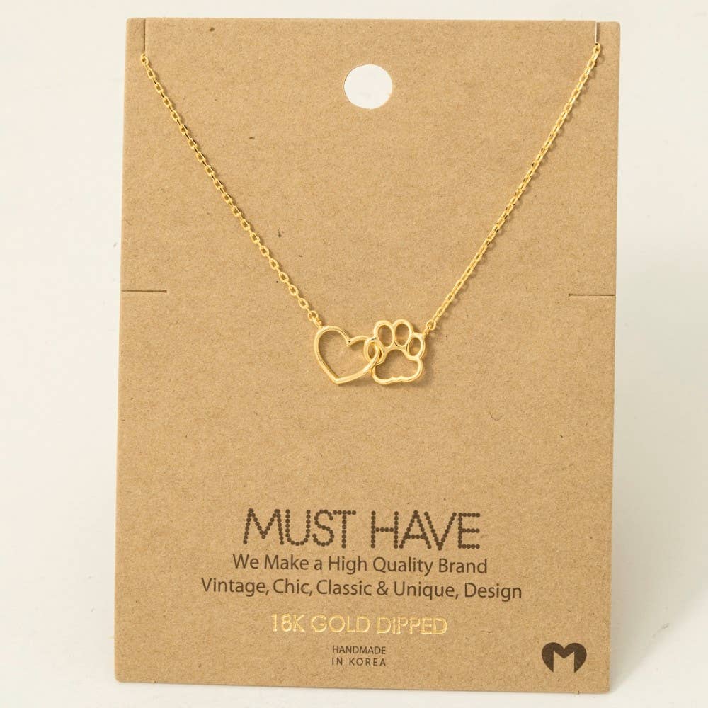 Dog Paw Heart Cutout Pendant Necklace: Gold