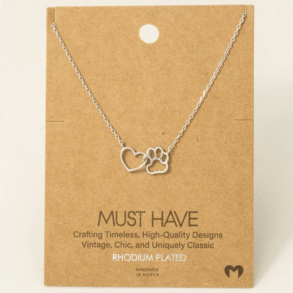 Dog Paw Heart Cutout Pendant Necklace: Silver