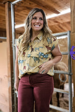 Load image into Gallery viewer, Short sleeve mustard earth tone longhorn women's button top 
