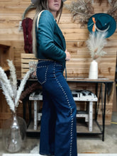 Load image into Gallery viewer, Dark wash studded denim jeans. Wide leg 
