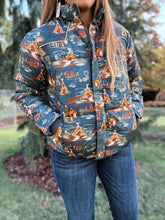 Load image into Gallery viewer, the cutest western patter puffer jacket with zipper closure 
