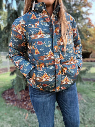 the cutest western patter puffer jacket with zipper closure 