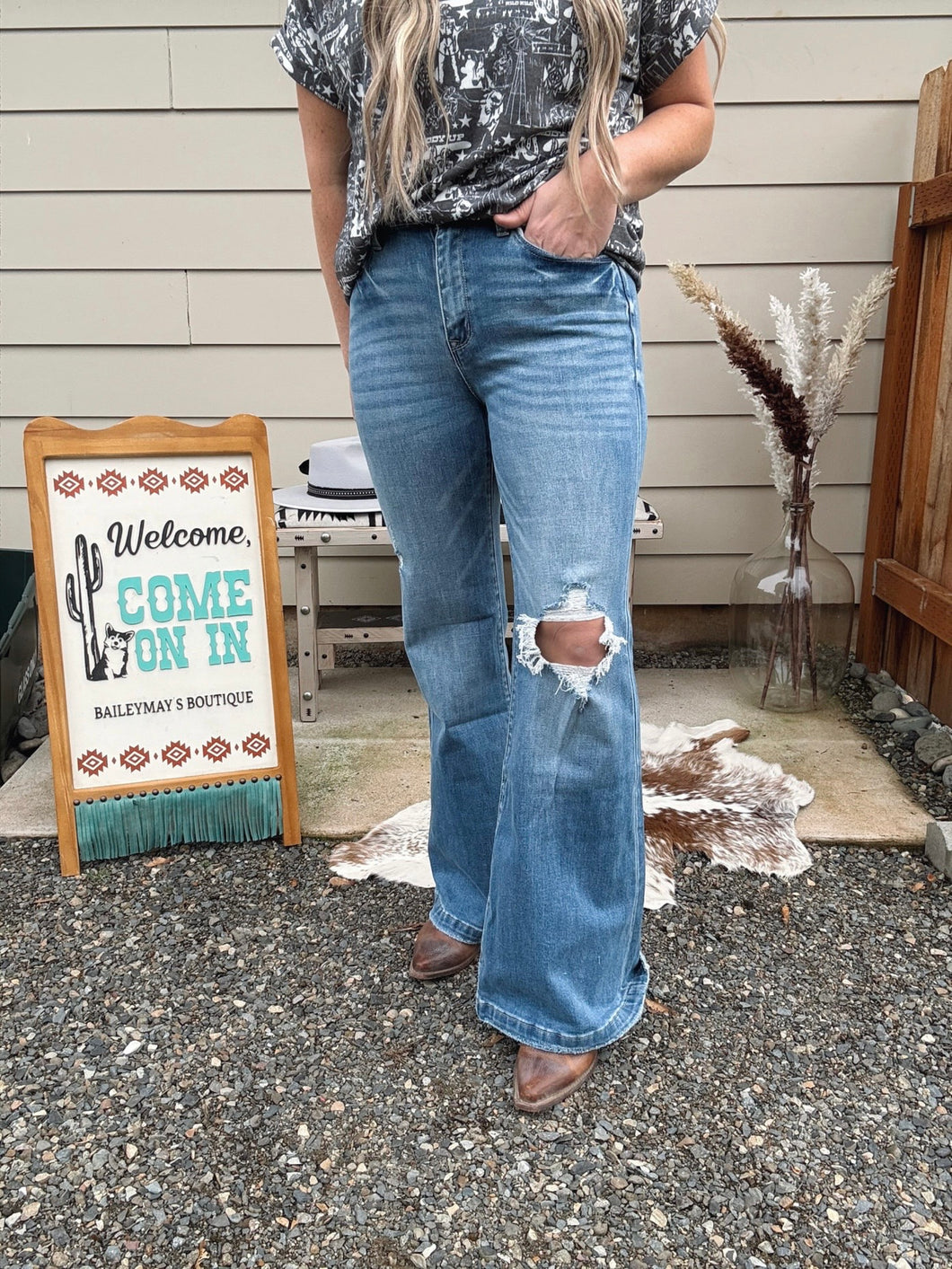 Distressed High Rise Flare
