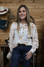 Load image into Gallery viewer, women's floral marigold long sleeve button blouse 
