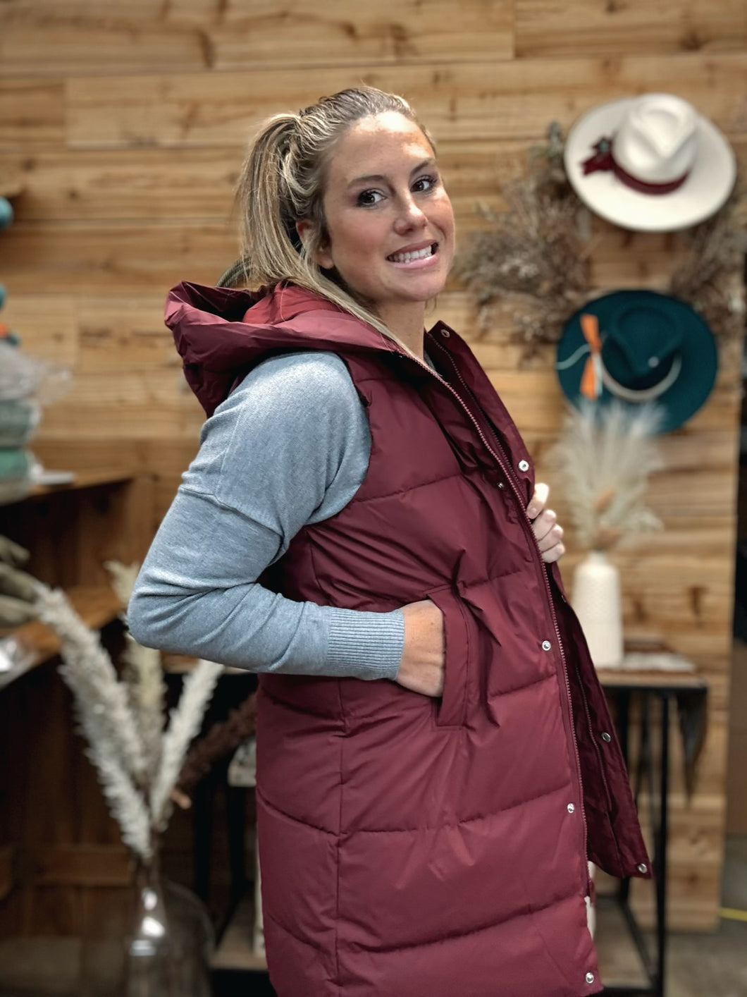 Hooded Long Puffer Vest Burgundy