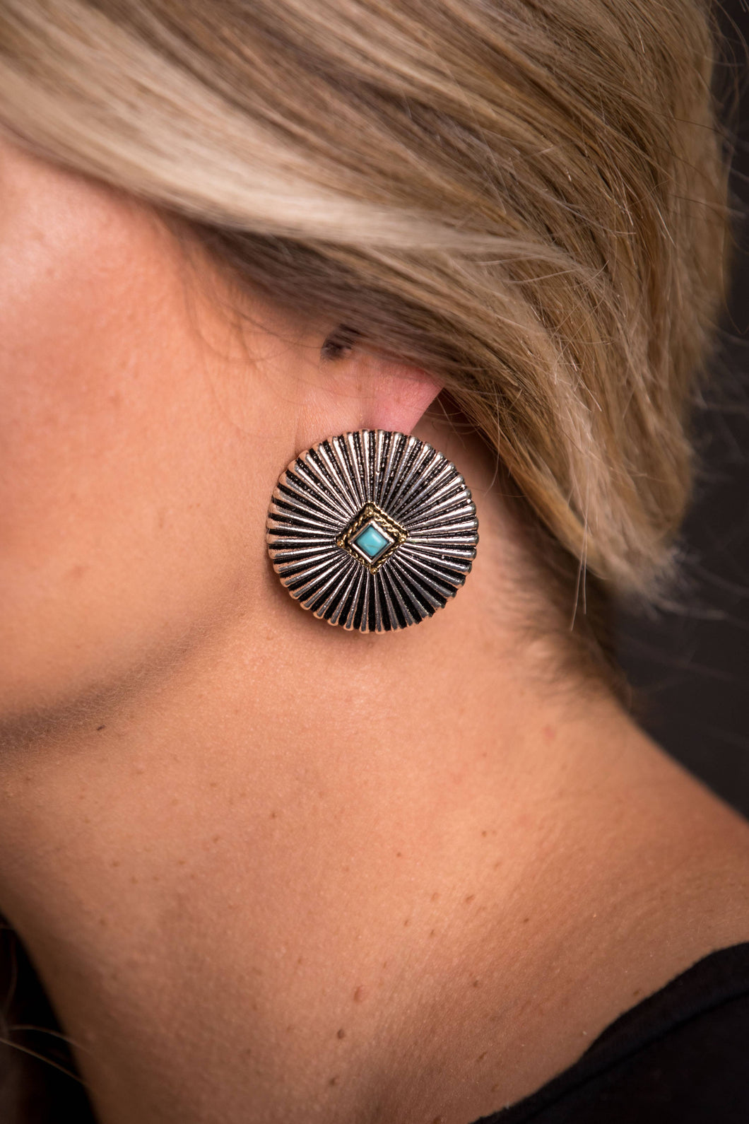 Silver Burst Post Earring with Turquoise Accent in Center