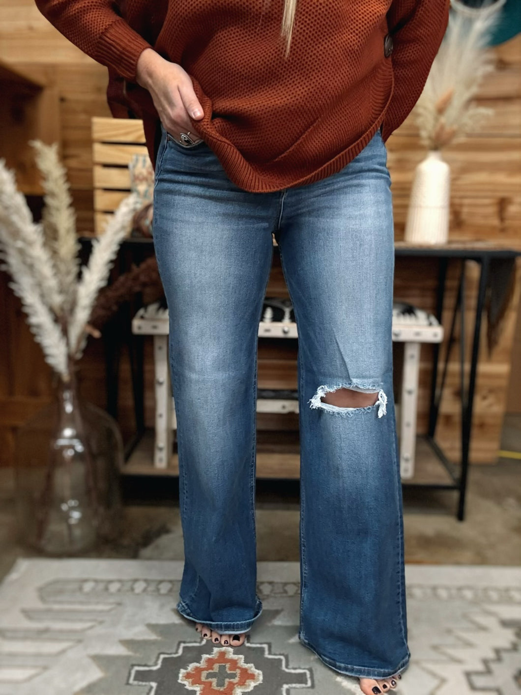 High Rise Wide Leg Distressed Knee