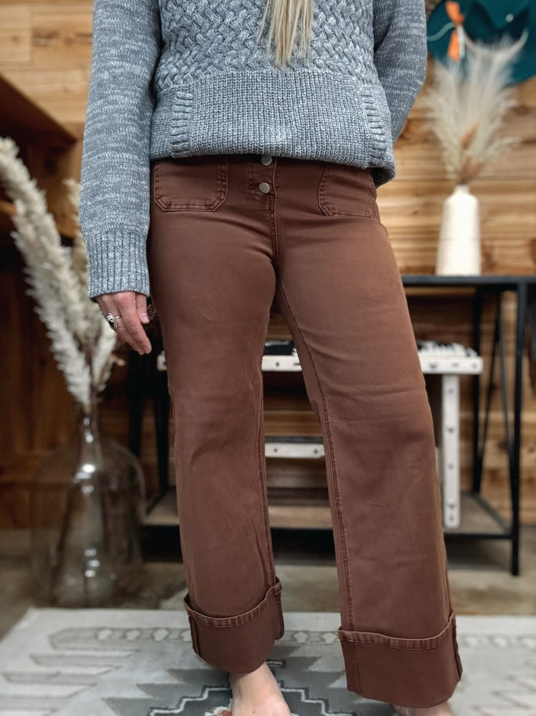 Espresso High Rise Wide Leg Cuffed Pants