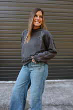 Load image into Gallery viewer, studded crewneck in charcoal grey with a bucking horse on the front 
