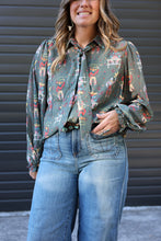 Load image into Gallery viewer, Cowboy Olive Western Print Tie-Neck Blouse
