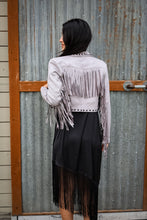 Load image into Gallery viewer, gray fringe suede cropped women's jacket with studs. perfect for nfr or rodeo 
